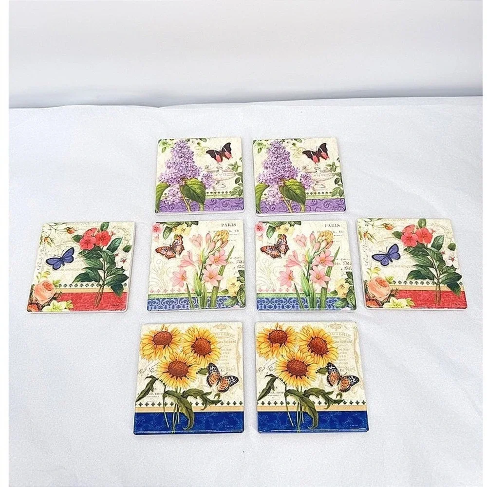 Butterfly Ceramic Coasters Floral French Cottage Country Whimsical Decor 8 Pc